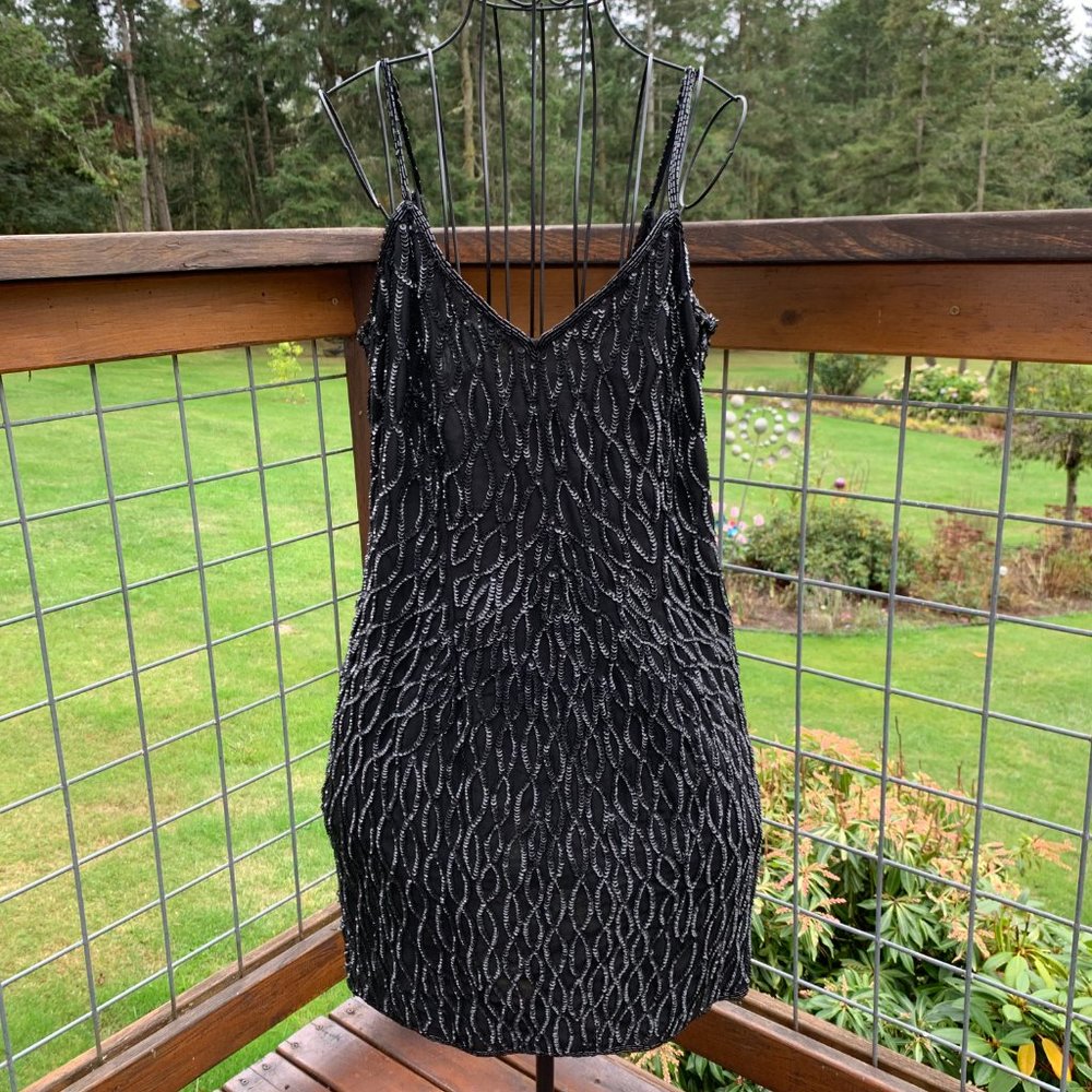 Laurence Kazar Black Silk Mini Formal Dress with Sequins and Back Zipper